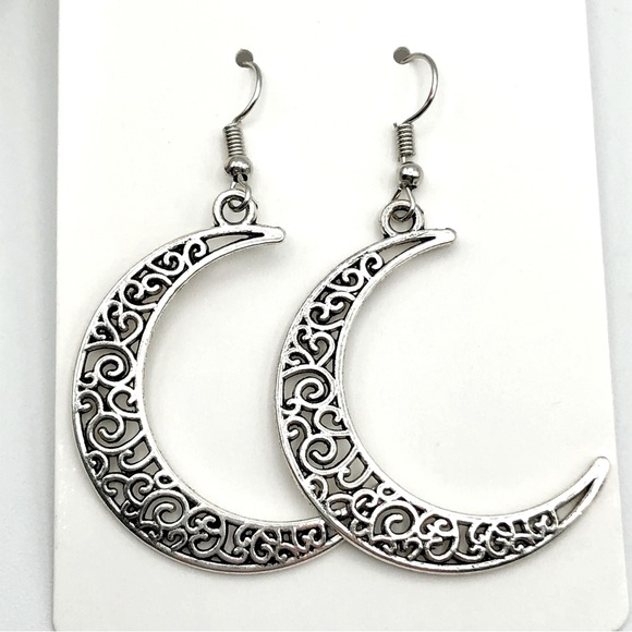 Bali Style Openwork Filigree Silver Tone Hoop Earring Lot Crescent Huggie Boho - Picture 5 of 15